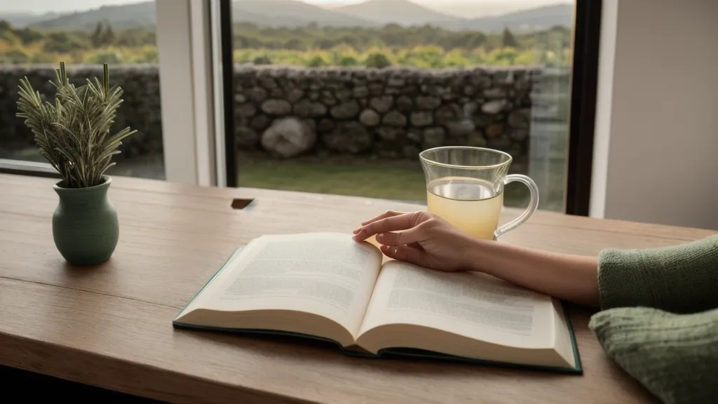 Vaso de agua y cuaderno verde sobre una mesa de madera con luz tenue, ritual de intuición práctica antes de escribir señales.