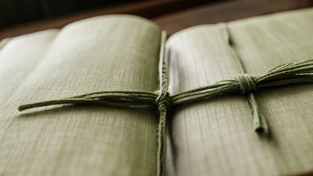 Detalle de cuaderno de tela verde con una rama de romero seco, símbolo de duelo consciente y mediumnidad para principiantes.