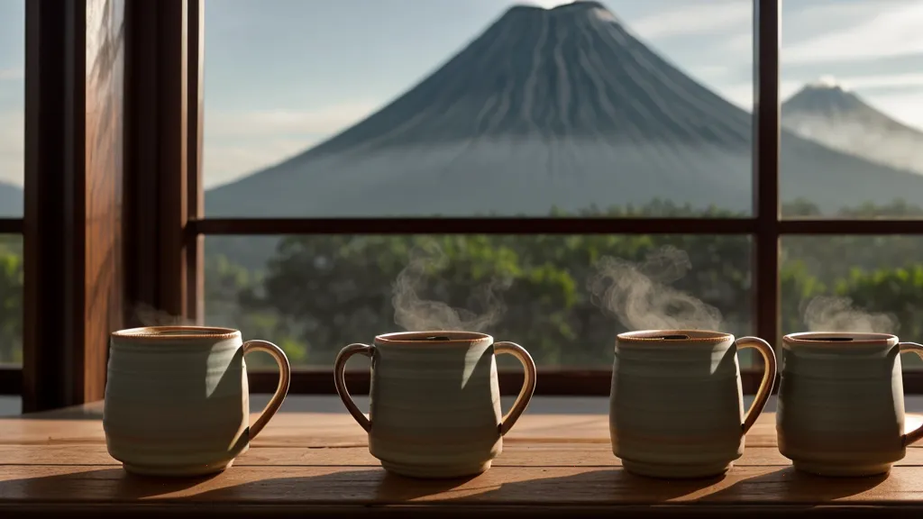Dos tazas de café sobre una mesa de madera, silueta de un volcán al fondo, un momento de calma en familia