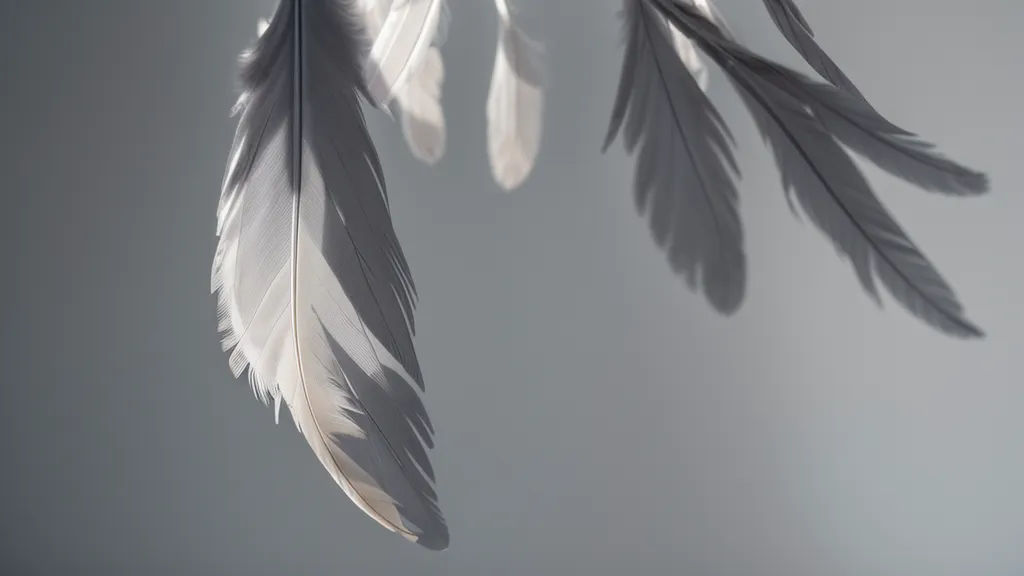 Pequeña pluma gris sobre el piso de un baño en luz matutina, una señal de un ser querido