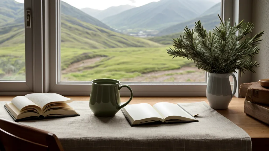 Cuaderno de lino verde y anteojos sobre una mesa de madera