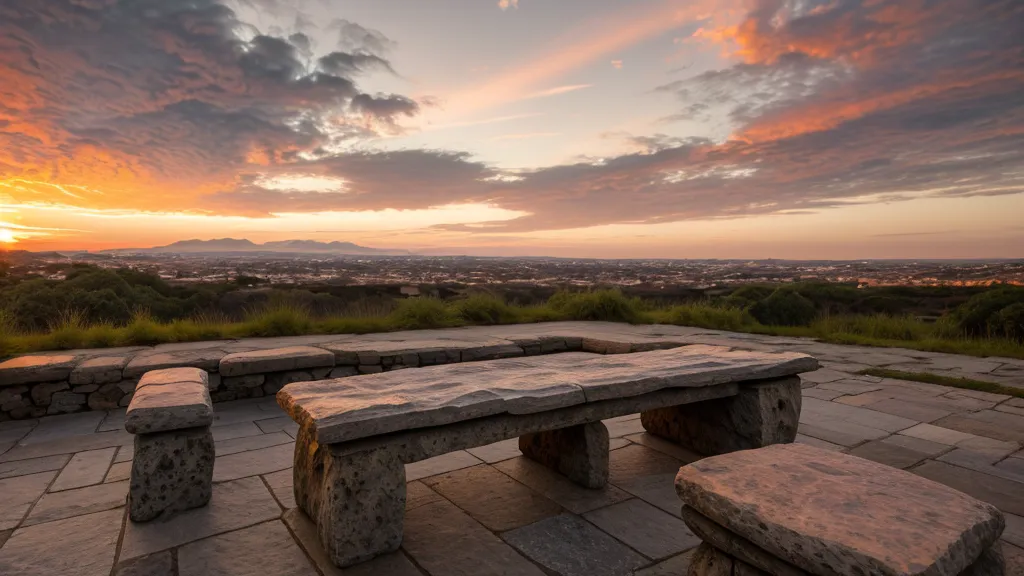 Banco de piedra vacío en el Mirador de Yanahuara durante el atardecer