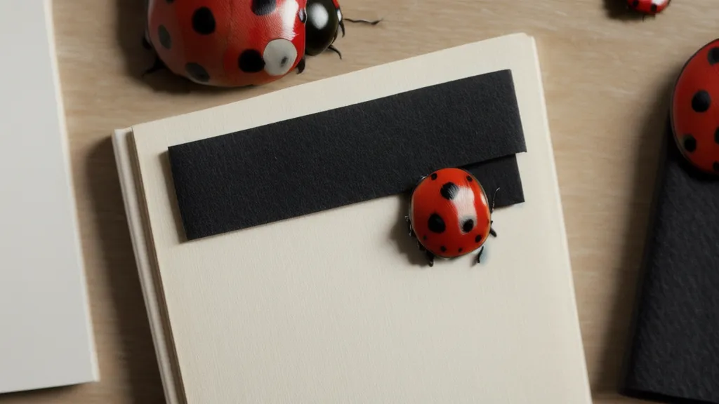 Mariquita de siete puntos sobre las páginas de un cuaderno verde de señales de duelo
