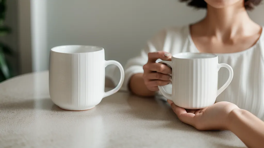 Mano sosteniendo una taza de café con una mariquita en el borde, señal de duelo cotidiana
