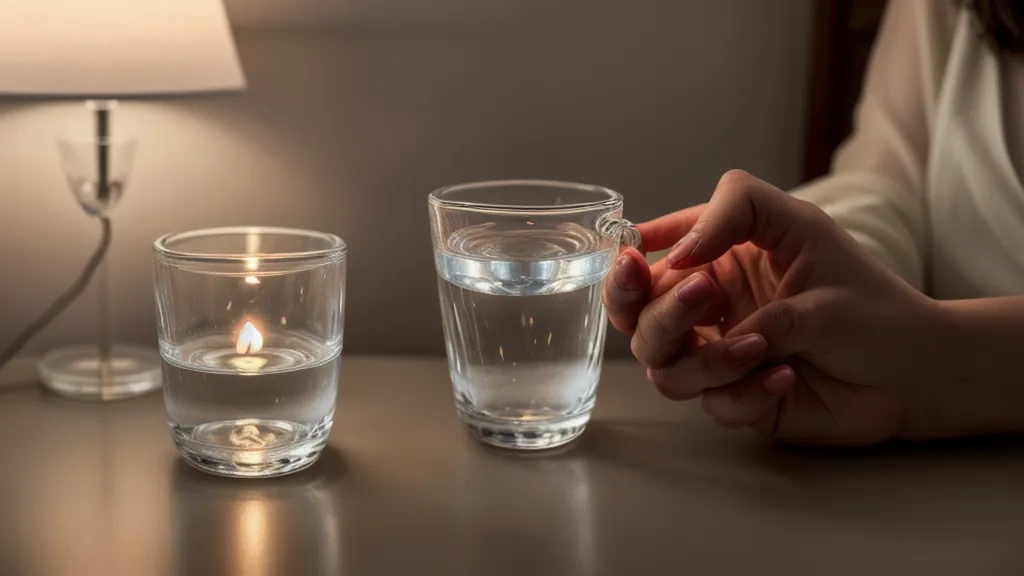 Mano sosteniendo un vaso de agua en una habitación en penumbra, un momento que algunas leen como señal del más allá