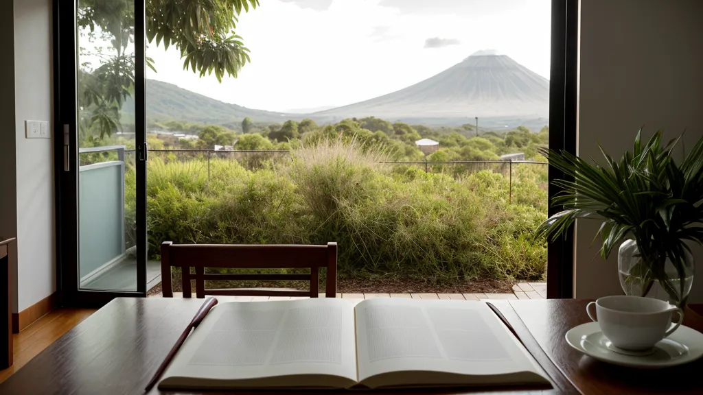 Cuaderno de señales cerrado al atardecer frente al volcán, símbolo del duelo espiritual